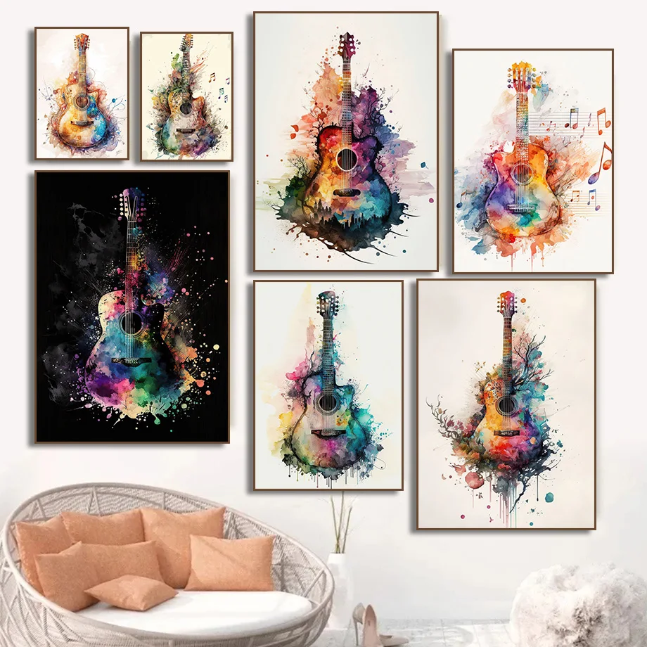 Picture Of Musical Instrument - (액자 없음) 악기, 기타, 수채화, 예술