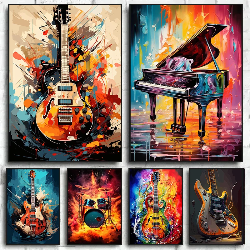 추상적인 다채로운 예술 악기 드럼 키트 기타 포스터 프 - Picture Of Musical Instrument 리뷰 및 가격